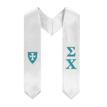 Load image into Gallery viewer, Sigma Chi Stole + Block Letters + Shield - White, Blue &amp; Yellow - 1
