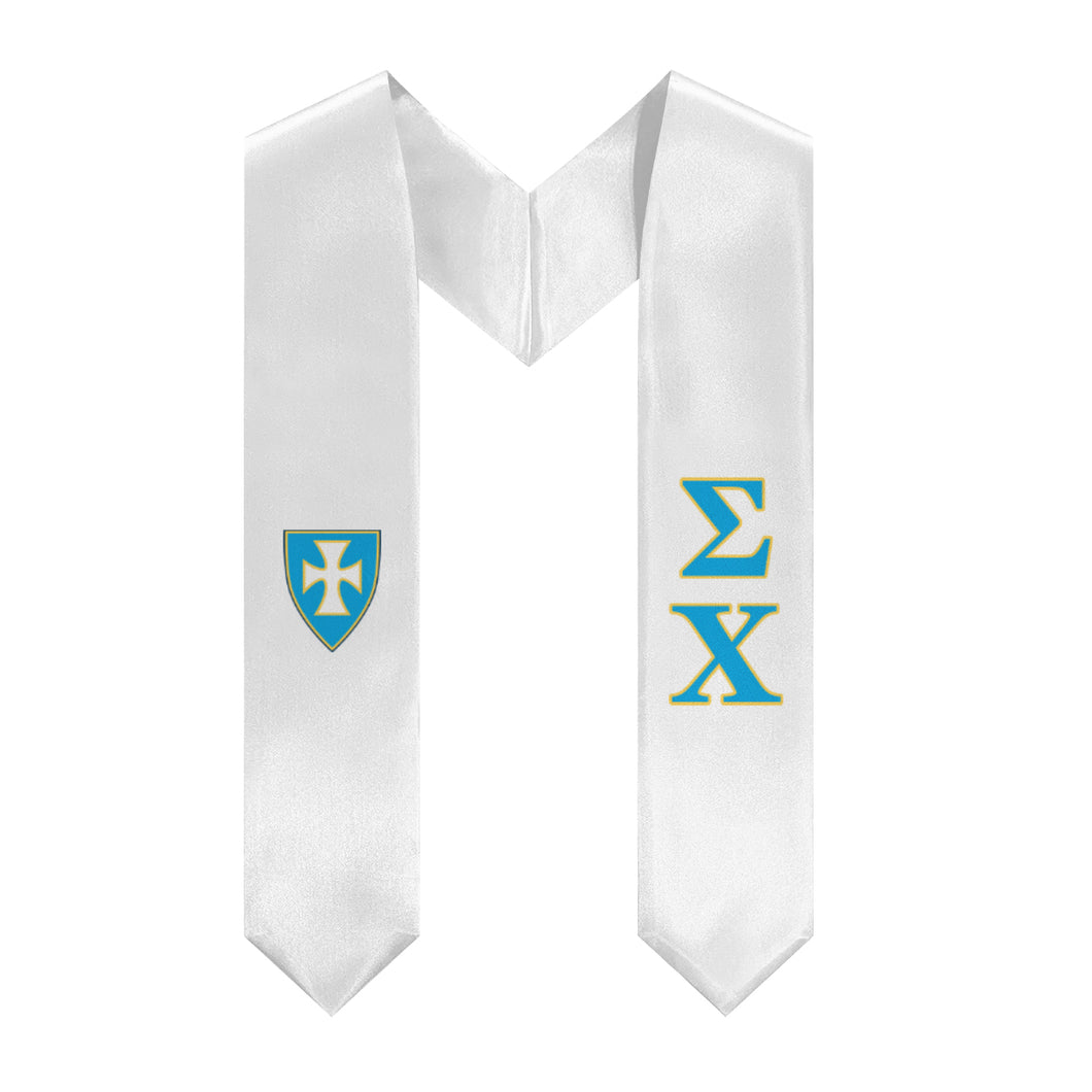 Sigma Chi Stole + Block Letters + Shield - White, Blue & Yellow - 1