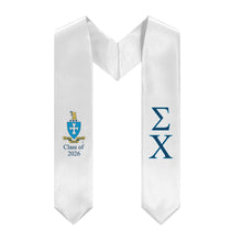 Load image into Gallery viewer, Sigma Chi + Crest + Class of 2026 Graduation Stole - White, Navy &amp; Turquoise
