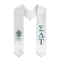 Load image into Gallery viewer, Sigma Delta Tau + Crest + Class of 2025 Graduation Stole - White, Old Blue &amp; Light Blue