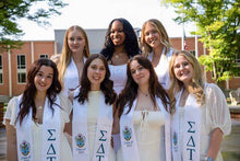 Load image into Gallery viewer, Sigma Delta Tau + Crest + Class of 2025 Graduation Stole - White, Old Blue &amp; Light Blue