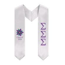 Load image into Gallery viewer, Sigma Sigma Sigma + Flower + Class of 2026 Graduation Stole - White &amp; Purple Violet