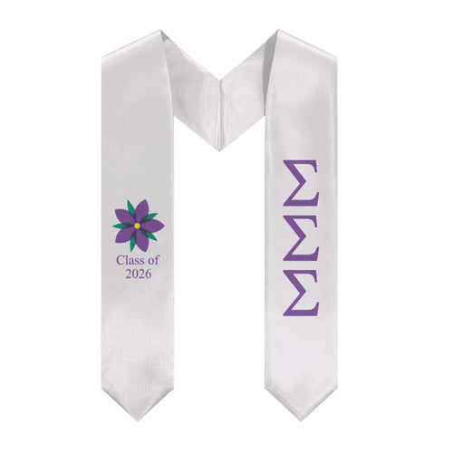 Sigma Sigma Sigma + Flower + Class of 2026 Graduation Stole - White & Purple Violet
