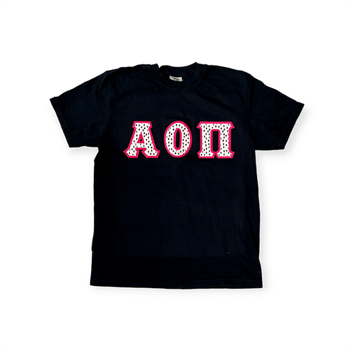 Alpha Omicron Pi Stitch Letter Shirt - Black, Dalmatian Dots & Bright Pink