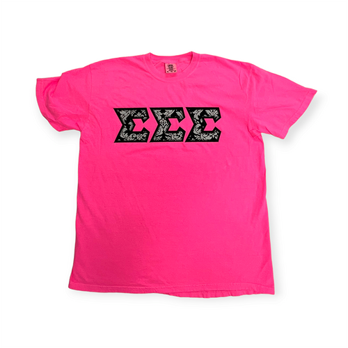 Sigma Sigma Sigma Stitch Letter Shirt - Neon Pink, Dandy Damask & Black