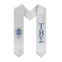 Load image into Gallery viewer, Tau Beta Sigma + Blue Crest + Class of 2026 Graduation Stole - Silver &amp; Blue