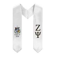 Load image into Gallery viewer, Zeta Psi + Crest + Class of 2026 Graduation Stole - White, Black &amp; Gold
