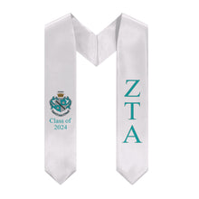 Load image into Gallery viewer, Zeta Tau Alpha + Crest + Class of 2024 Graduation Stole - White, Turquoise &amp; Light Gray