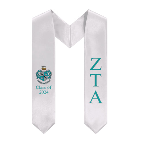 Zeta Tau Alpha + Crest + Class of 2024 Graduation Stole - White, Turquoise & Light Gray