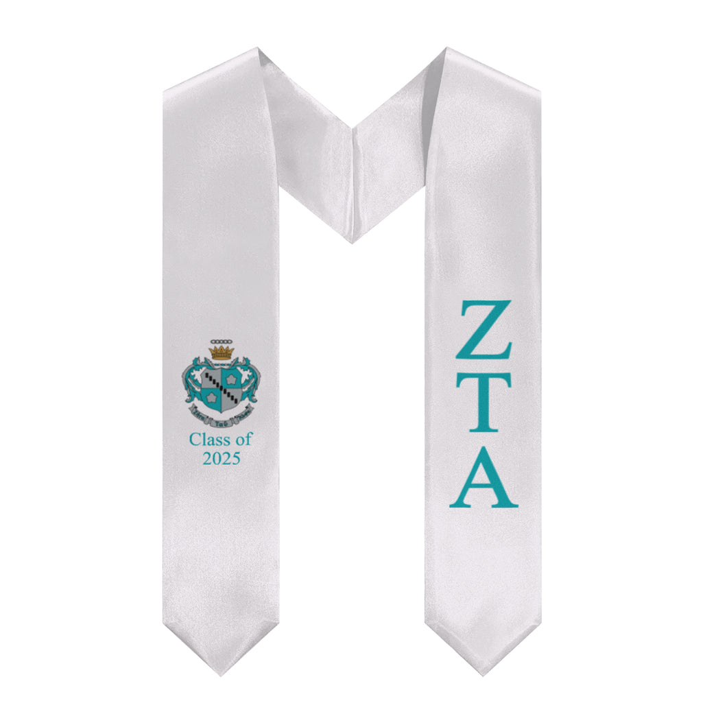 Zeta Tau Alpha + Crest + Class of 2025 Graduation Stole - White & Turquoise