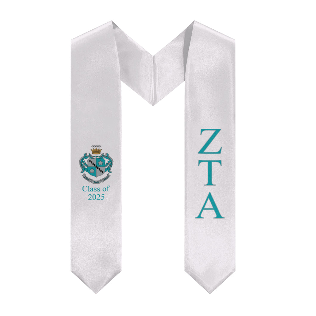 Zeta Tau Alpha + Crest + Class of 2025 Graduation Stole - White, Turquoise & Light Gray