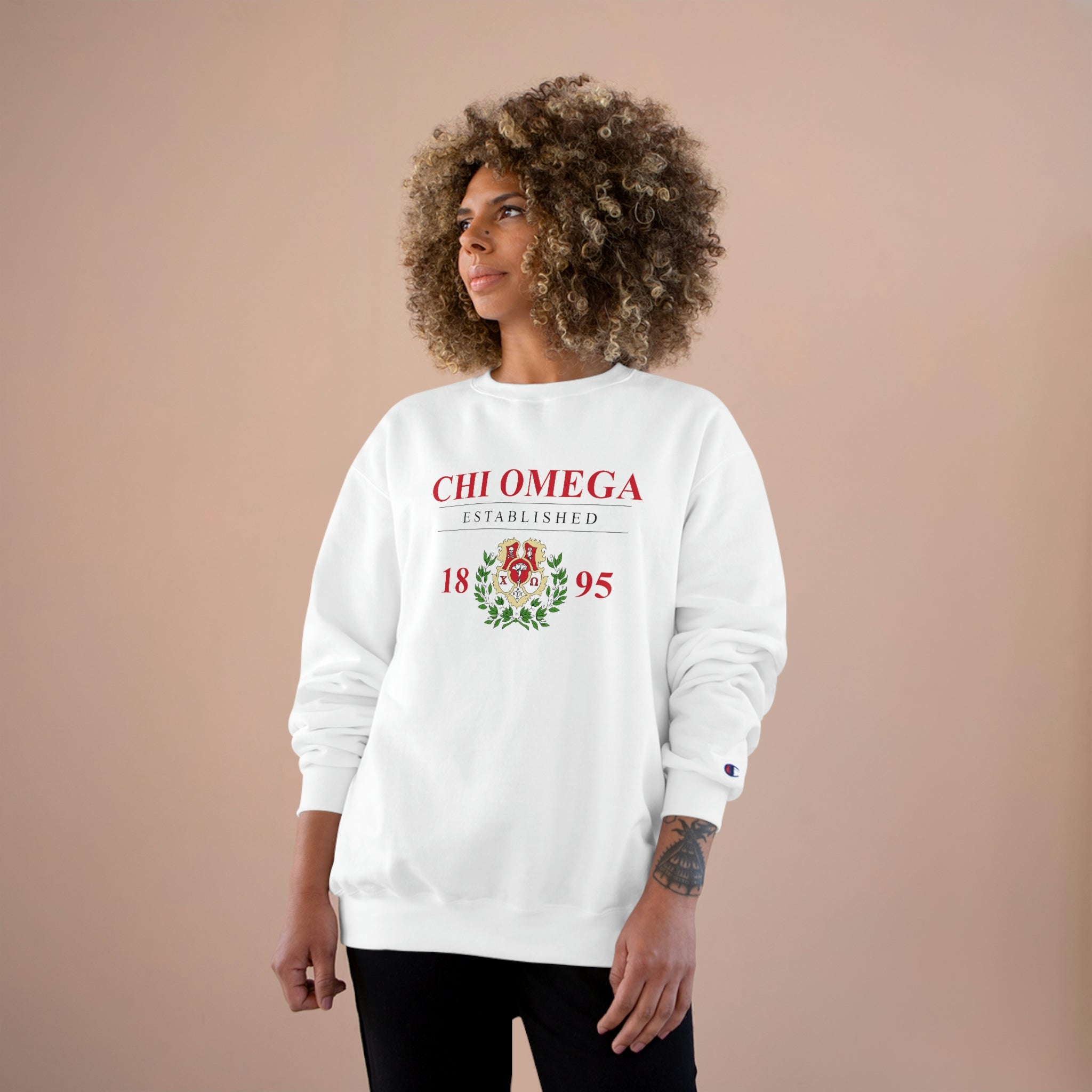Chi Omega with Crest Champion Sweatshirt - Sorority Apparel - Chi O Gifts White / 2XL
