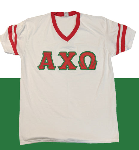 Alpha Chi Omega Sorority Jersey Shirt With Red & Kelly Green Stitch Letters