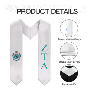 Zeta Tau Alpha Graduation Stole With Crest - White, Turquoise & Light Grey