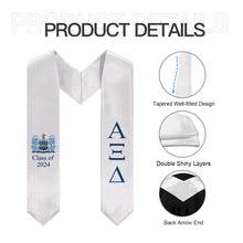 Load image into Gallery viewer, Alpha Xi Delta + Crest + Class of 2024 Graduation Stole - White, Inspiration Blue &amp; Griffin Blue