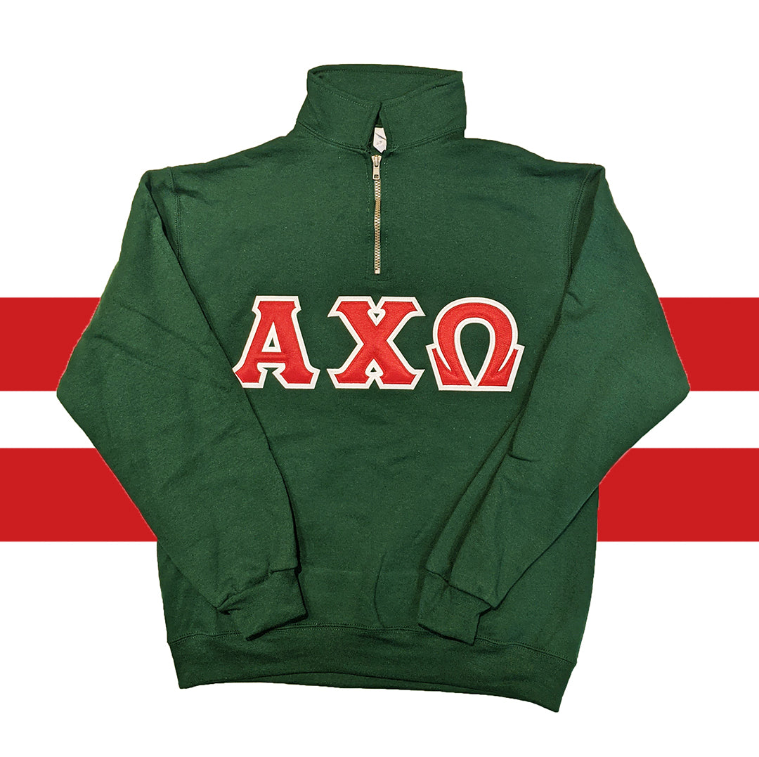 Alpha Chi Omega Quarter Zip Sorority Sweatshirt With Red White Stitch Letters