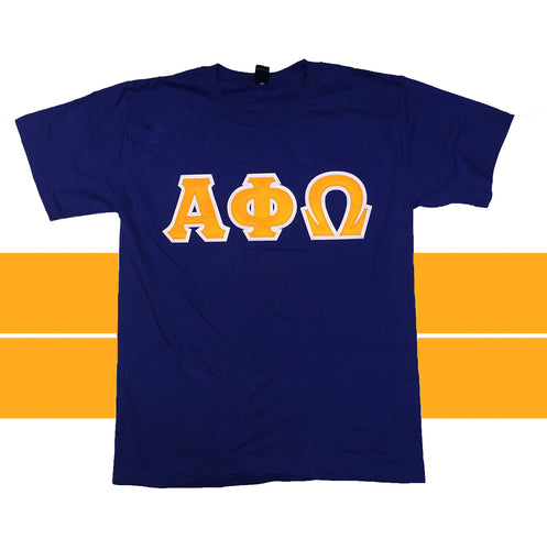 Alpha Phi Omega Greek Letter Shirt With Gold & White Stitch Letters