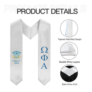 Omega Phi Alpha + Crest + Class of 2024 Graduation Stole - White, Service & Friendship