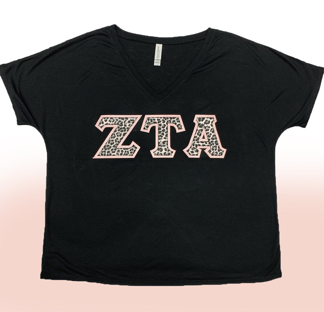 Zeta Tau Alpha Sorority V-neck Tee - Grey Cheetah Stitch