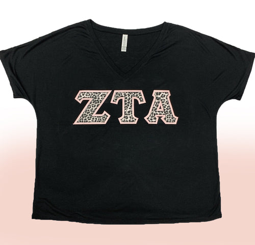 Zeta Tau Alpha Sorority Slouchy V-neck Tee With Grey Cheetah Stitch Letters