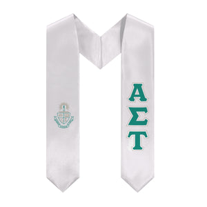 Alpha Sigma Tau Greek Block Stole With Crest - White, Custom Green & Outline Gold