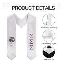 Load image into Gallery viewer, Sigma Sigma Sigma + Crest + Class of 2024 Graduation Stole - White &amp; Purple