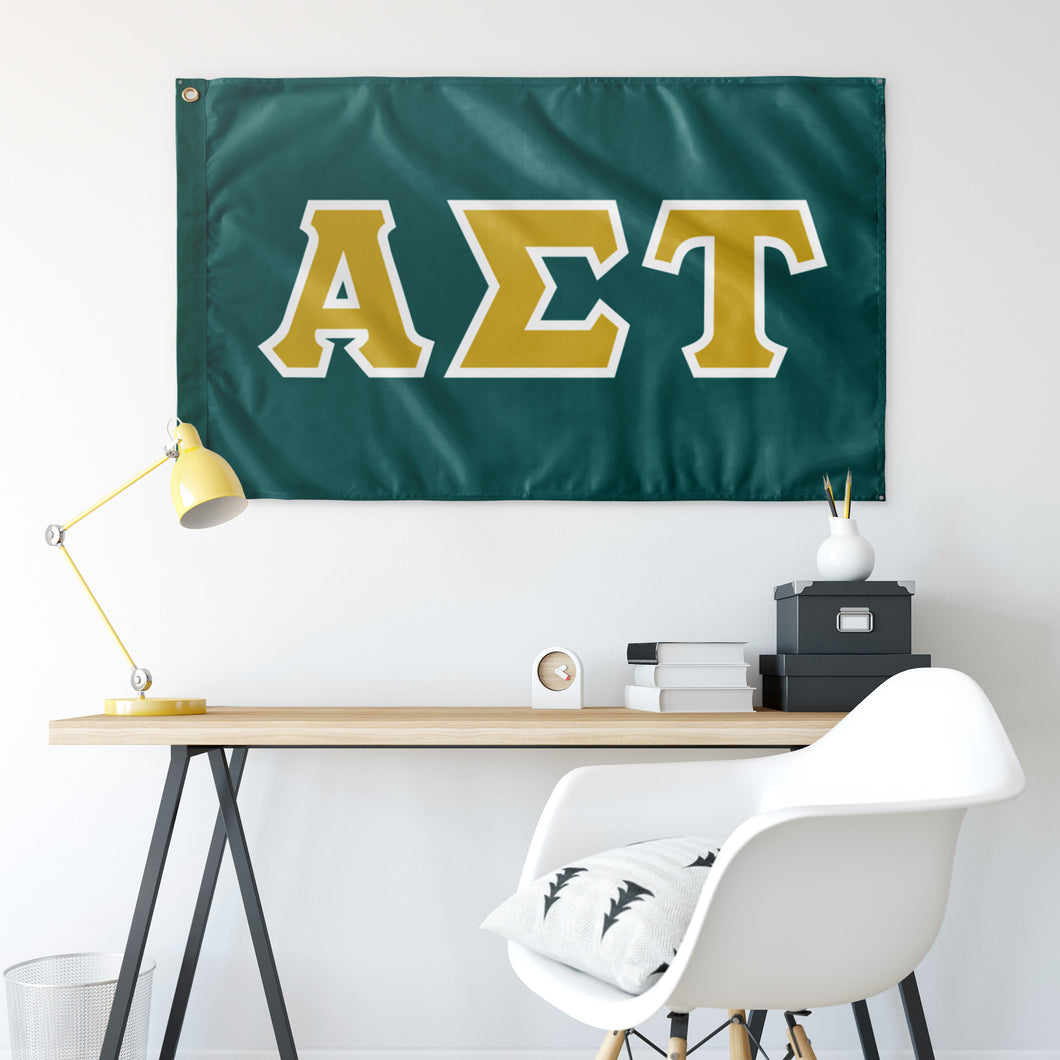 Alpha Sigma Tau Greek Block Flag - Emerald Green, Victory Gold & White