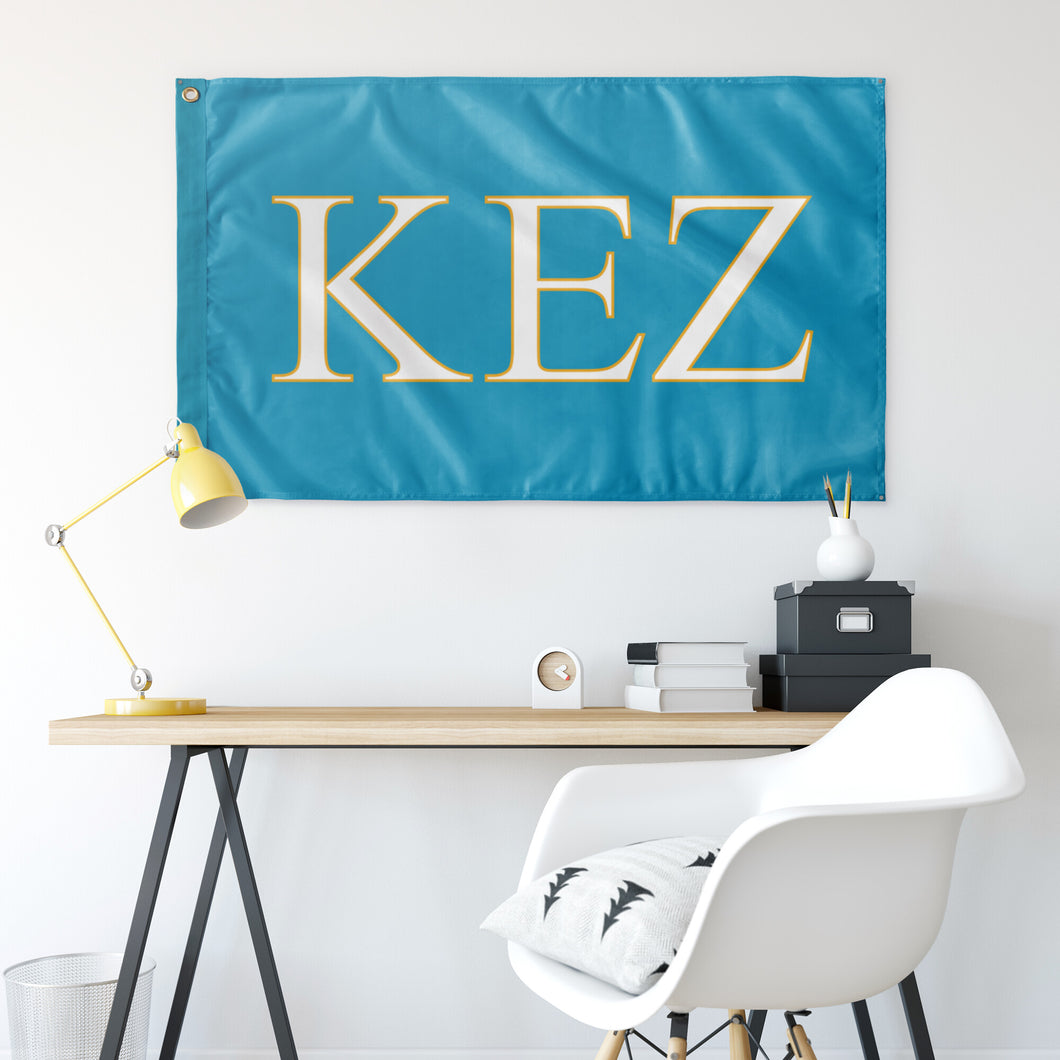 Kappa Epsilon Zeta Sorority Flag - Cyan, White & Light Gold