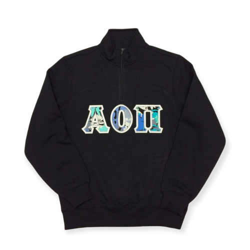 Alpha Omicron Pi Quarter-Zip Stitch Letter Sweatshirt - VB Camofloral