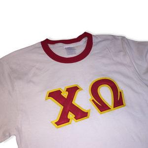 Chi Omega Ringer Stitch Letter Tee - Red & Maize