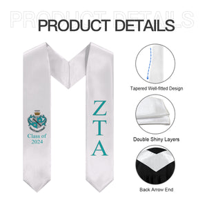 Zeta Tau Alpha + Crest + Class of 2024 Graduation Stole - White, Turquoise & Light Gray