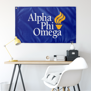 Alpha Phi Omega Greek Flag - Logo White Gold Torch
