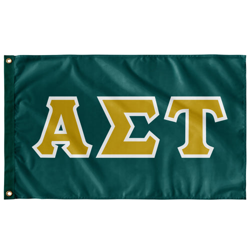 Alpha Sigma Tau Greek Block Flag - Emerald Green, Victory Gold & White