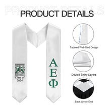Load image into Gallery viewer, Alpha Epsilon Phi + Crest + Class of 2024 Graduation Stole - White, Support Green &amp; Black