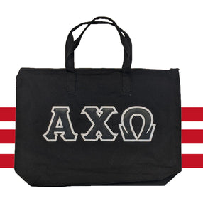 Alpha Chi Omega Tote Bag With Black & Metallic Silver Stitch Letters