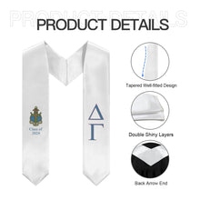 Load image into Gallery viewer, Delta Gamma + Crest + Class of 2024 Graduation Stole - White, Dusty Blue &amp; Dusty Pink