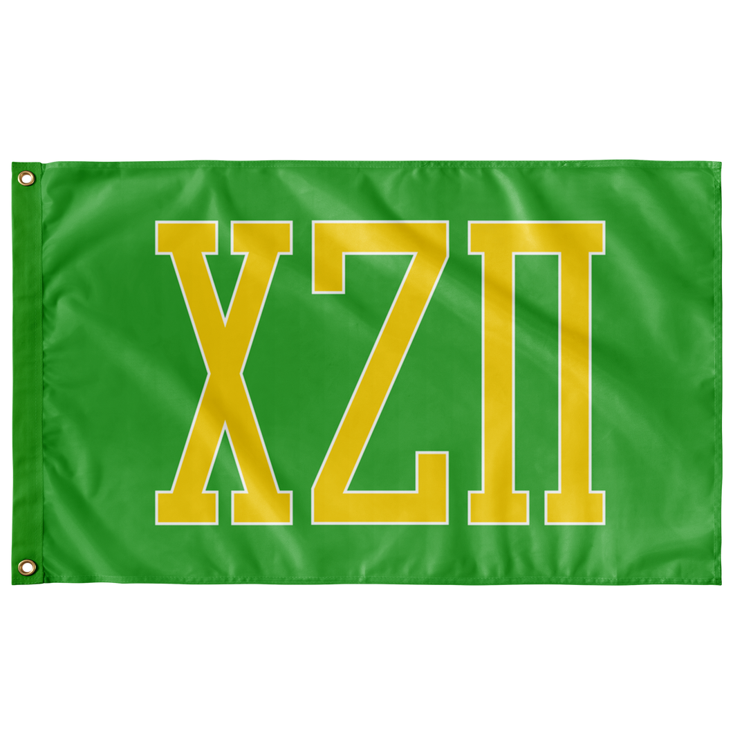 Chi Zeta Pi Collegiate Block Greek Flag - Bright Green, Maize & White