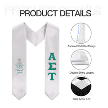 Load image into Gallery viewer, Alpha Sigma Tau Greek Block Stole With Crest &amp; Class of 2024 - White, Custom Green &amp; Outline Gold