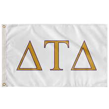 Load image into Gallery viewer, Delta Tau Delta Fraternity Flag - White, Explorer Gold &amp; Explorer Purple