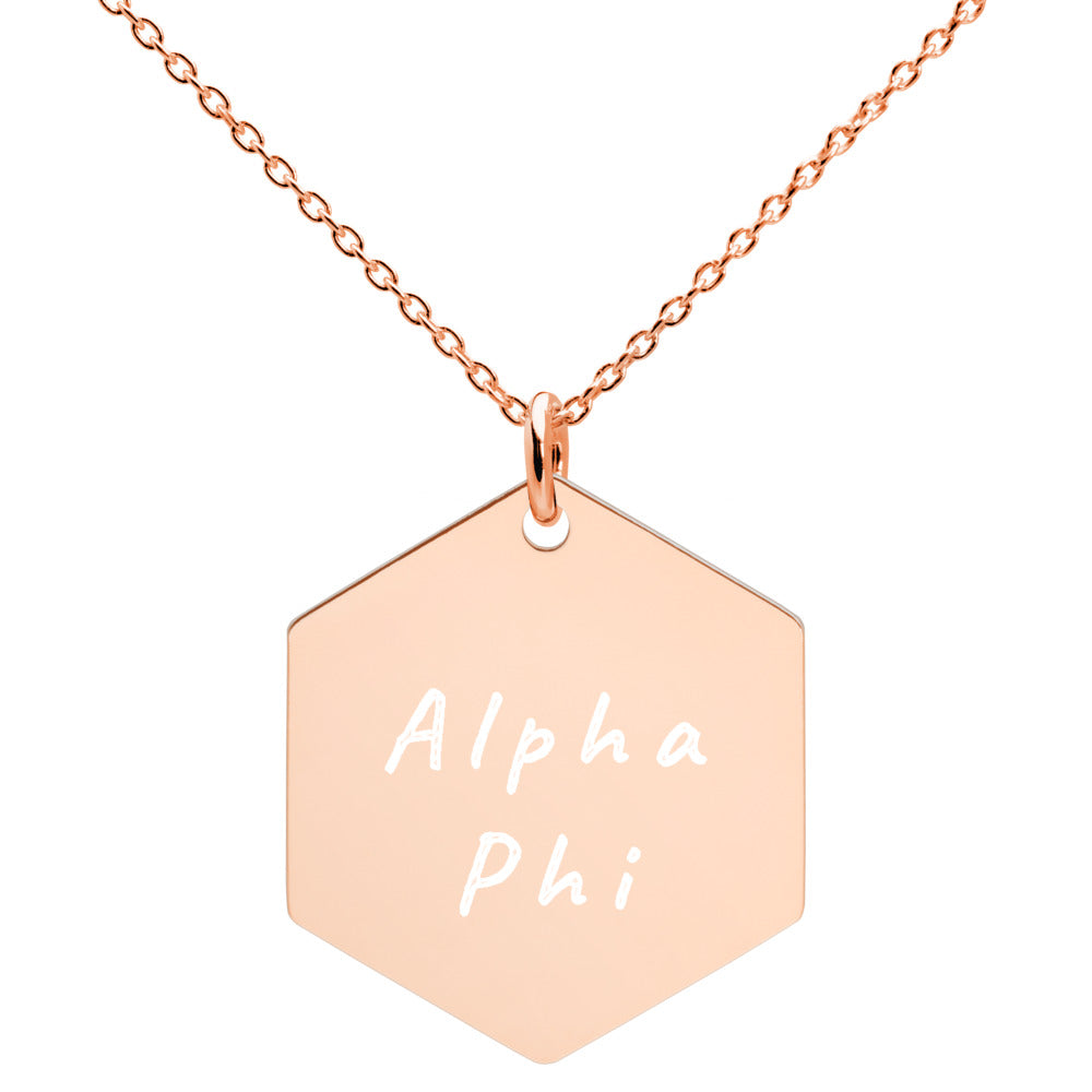Alpha Phi Engraved Silver Hexagon Necklace