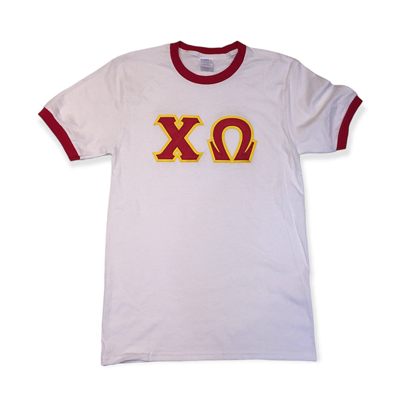 Chi Omega Ringer Stitch Letter Tee Red Maize